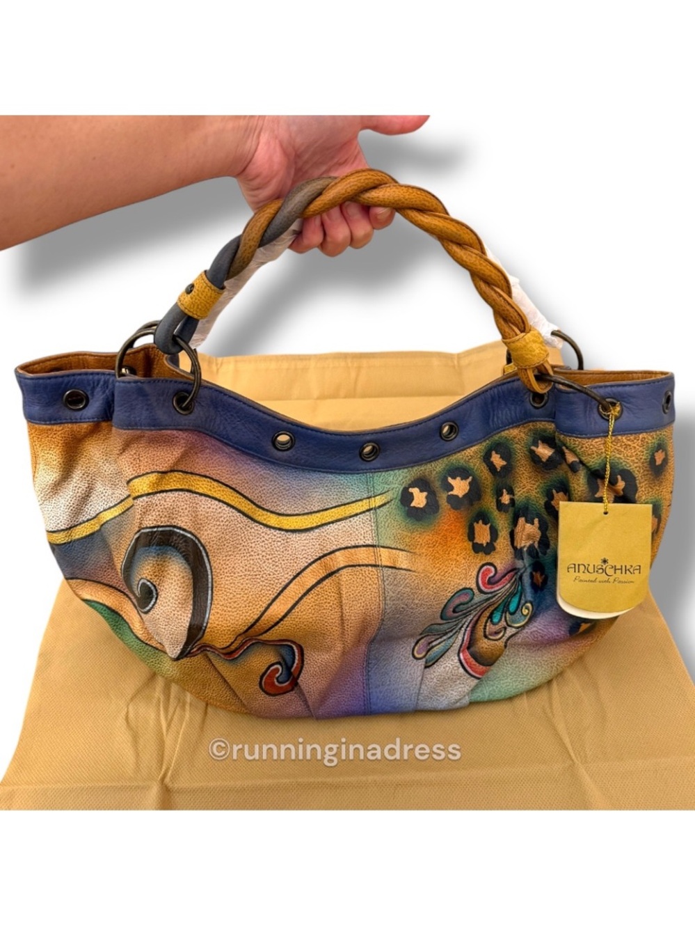 NWT Premium Anuschka Hand Painted Leather Collage S.M.D.C Hobo Peacock Butterfly